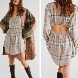 Free People Elai Plaid Shirt dress pink mini dress open back size medium